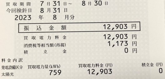 【太陽光発電】一般家庭の実際の収益と電気代（2023年8月）1